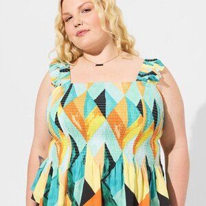 Torrid - Peplum Washable Crinkle Gauze Smocked Tank Top in Geo-Multi​​​​​​